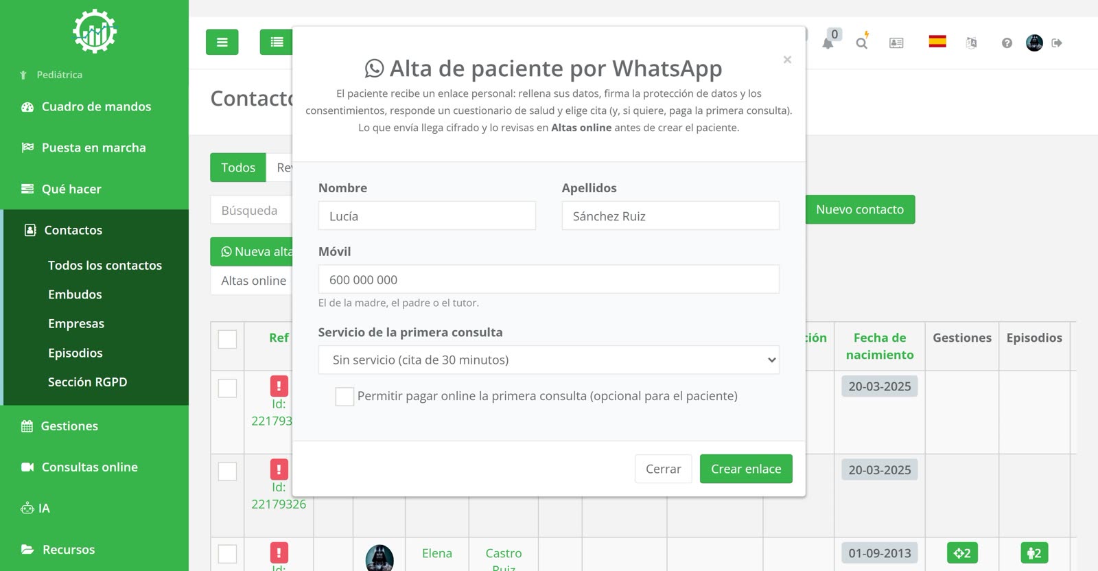 Alta de paciente por WhatsApp