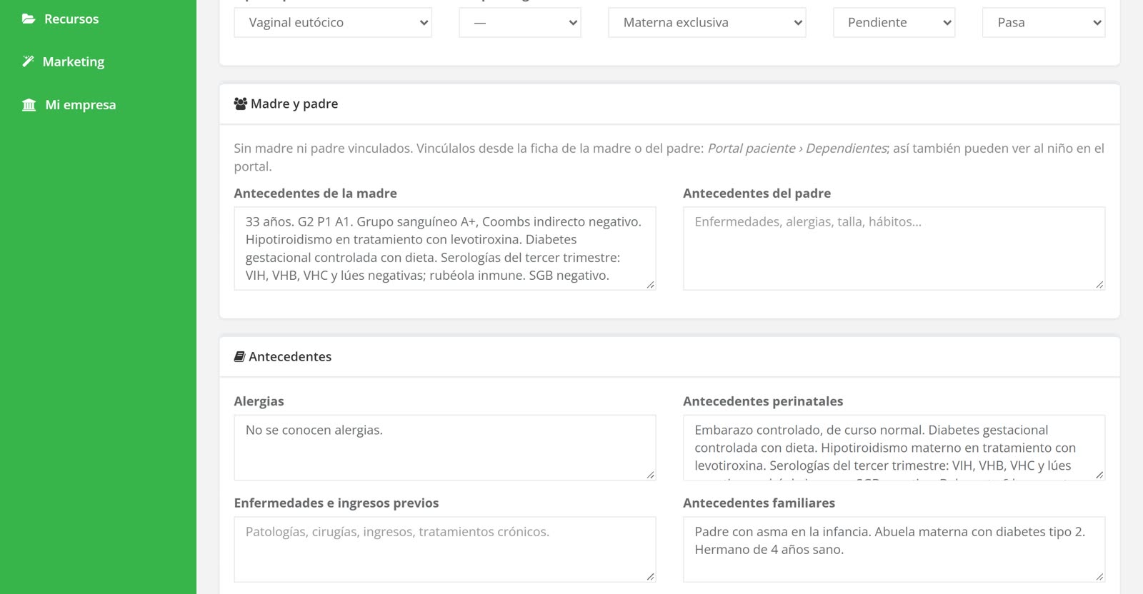 Madre y padre en el historial pediátrico